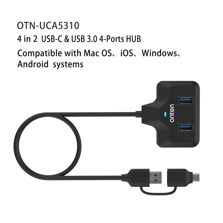 ONTEN OTN-UCA2310 USB3.0+USB2.0 4 Ports Type-C Hub with 0.5m Cable