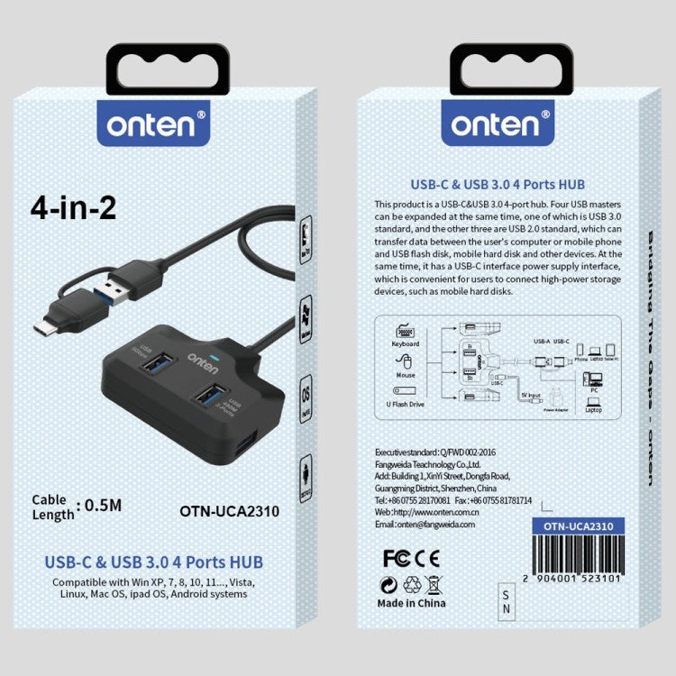 ONTEN OTN-UCA2310 USB3.0+USB2.0 4 Ports Type-C Hub with 0.5m Cable