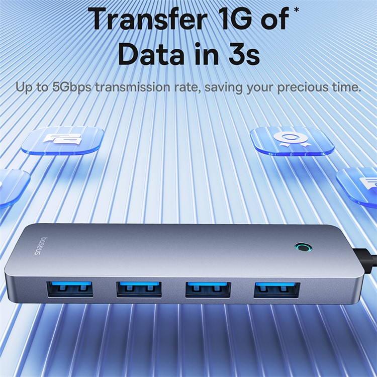 BASEUS UltraJoy Series BS-OH080 15cm 4-Port USB3.0 HUB Lite Portable Docking Station with Type-C 5V, Dark Grey