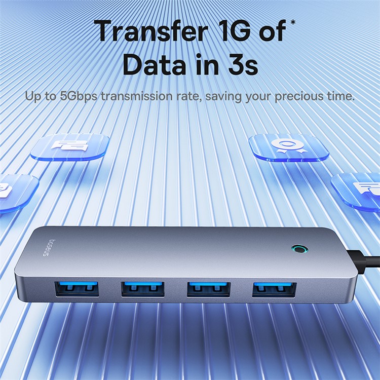 BASEUS UltraJoy Series BS-OH080 50cm 4-Port USB3.0 HUB Lite Mini Docking Station with Type-C 5V, Dark Grey