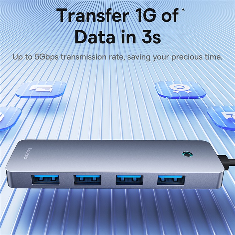 BASEUS UltraJoy Series BS-OH080 100cm Mini Docking Station 4-Port USB3.0 HUB Lite with Type-C 5V, Dark Grey