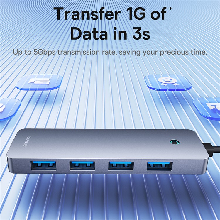 BASEUS UltraJoy Series BS-OH080 150cm 4-Port USB3.0 HUB Lite with Type-C 5V, USB Docking Station, Dark Grey