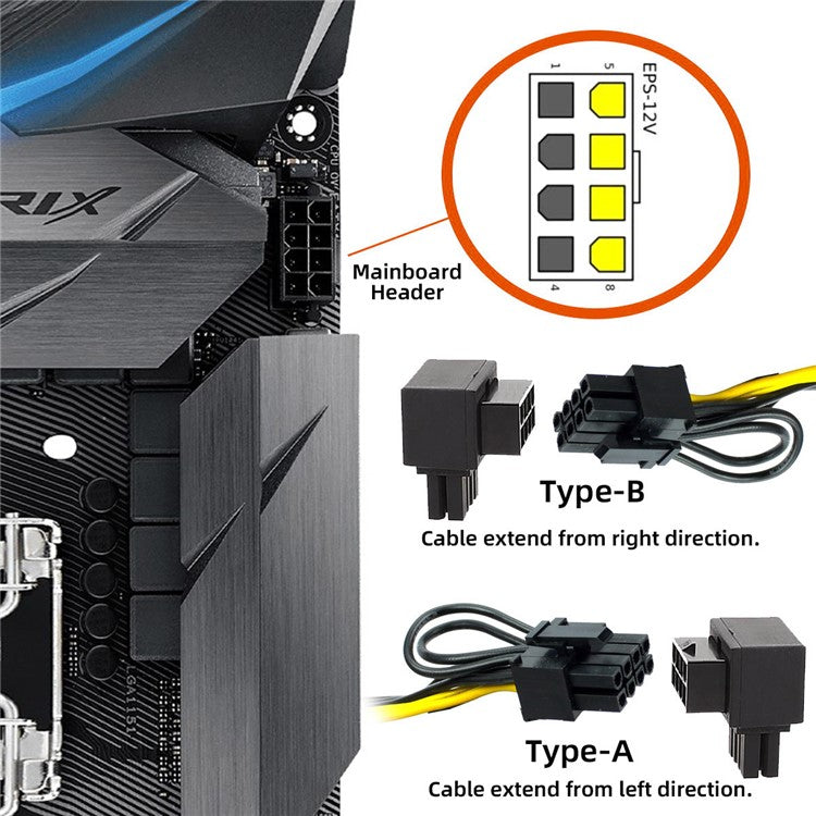 PW-054 2Pcs / Set ATX 8P EPS Male to Female 90 Degree Up+Down Angled Power Adapter for CPU 12V