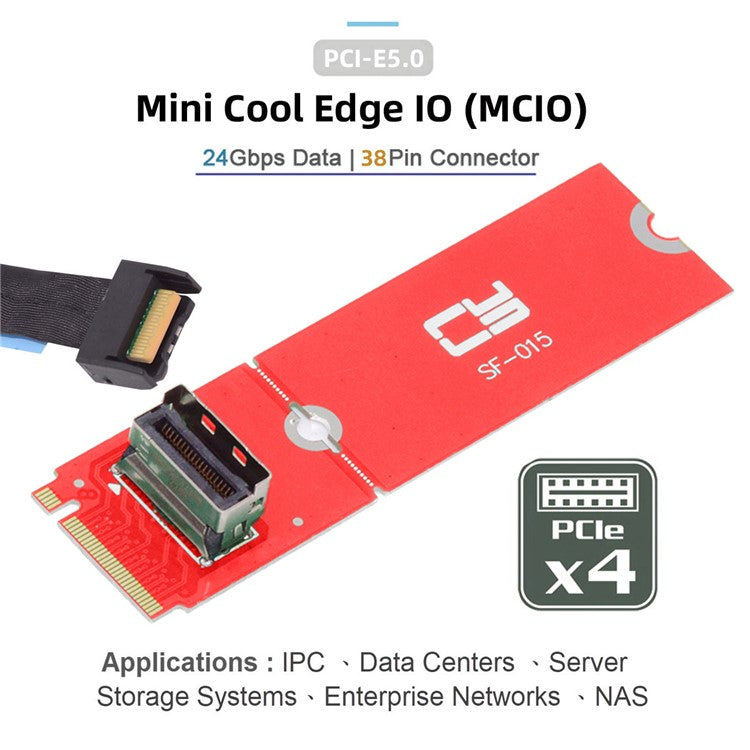 SF-015 PCI-E 5.0 4.0 M.2 M-key to MCIO Mini Cool Edge IO Female Host Adapter for PCIe Nvme SSD 2280
