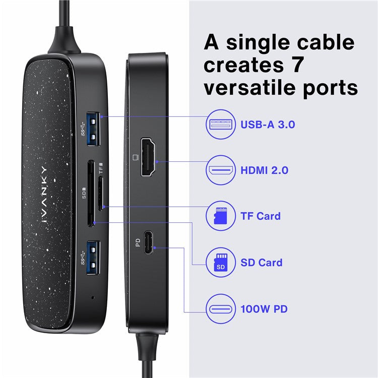 IVANKY VCA03 Type-C Hub Adapter to PD+3xUSB 3.0+HD 4K Output+2 Card Reader Slots