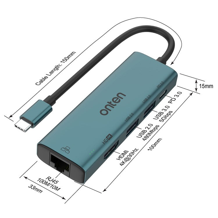 ONTEN UC122 5-in-1 USB-C Hub Multi-Port Adapter USB-C to USB3.0 +USB2.0 Card Slots Adapter