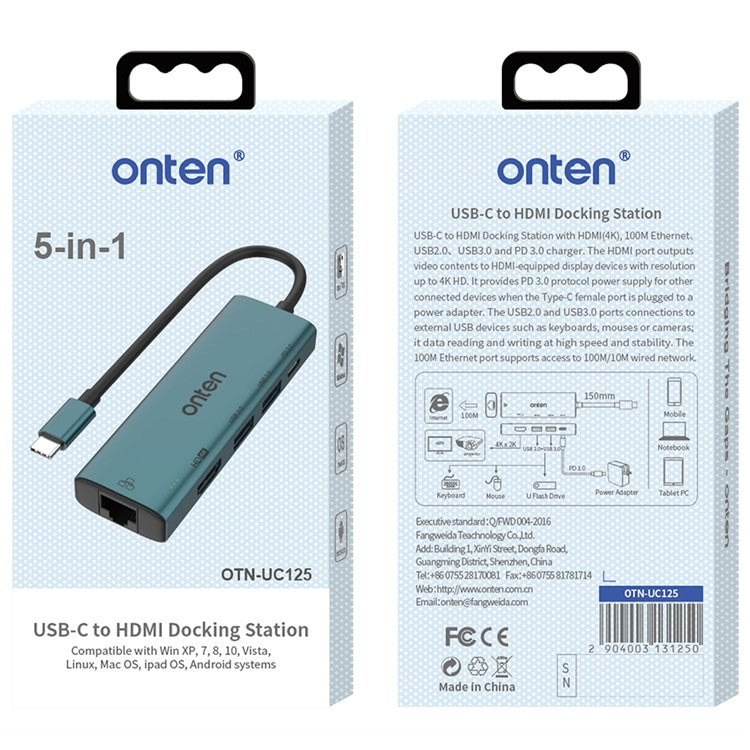 ONTEN UC122 5-in-1 USB-C Hub Multi-Port Adapter USB-C to USB3.0 +USB2.0 Card Slots Adapter