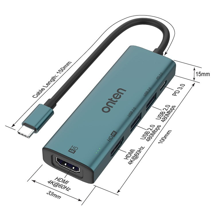 ONTEN UC126 5-in-1 Type-C to Dual HDMI+2xUSB2.0+PD3.0 USB Hub Docking Station