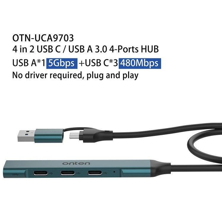 ONTEN UCA9703 USB 3.0+Type-C to 3xType-C+USB Adapter Aluminum Alloy USB Hub