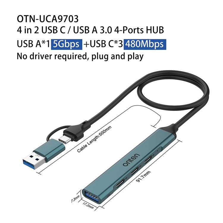 ONTEN UCA9703 USB 3.0+Type-C to 3xType-C+USB Adapter Aluminum Alloy USB Hub