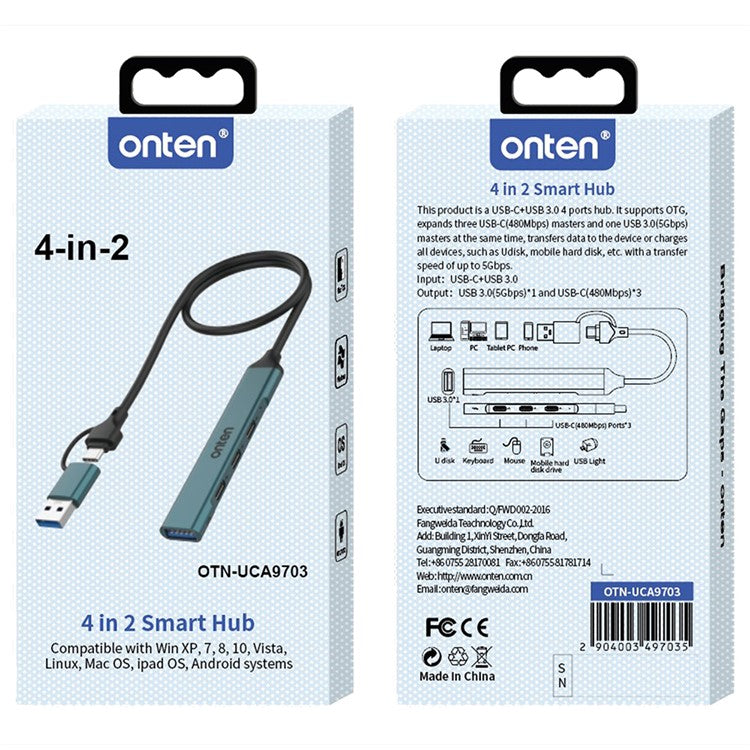ONTEN UCA9703 USB 3.0+Type-C to 3xType-C+USB Adapter Aluminum Alloy USB Hub