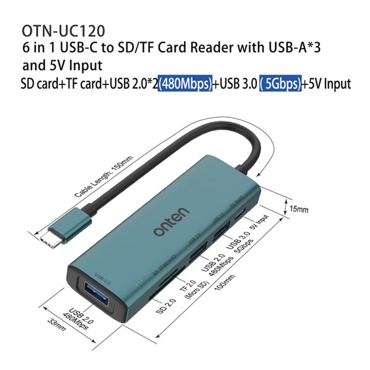 ONTEN UC120 6-in-1 USB-C to USB3.0 + 2xUSB2.0 + Type-C Input + SD / TF Card Slots Adapter USB Hub