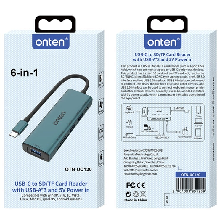 ONTEN UC120 6-in-1 USB-C to USB3.0 + 2xUSB2.0 + Type-C Input + SD / TF Card Slots Adapter USB Hub