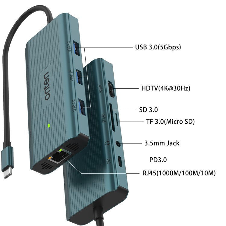 ONTEN UC961 9-in-1 Type-C to USB3.0*3+HD+SD+TF+Jack+PD 3.0+RJ45 USB Hub Docking Station