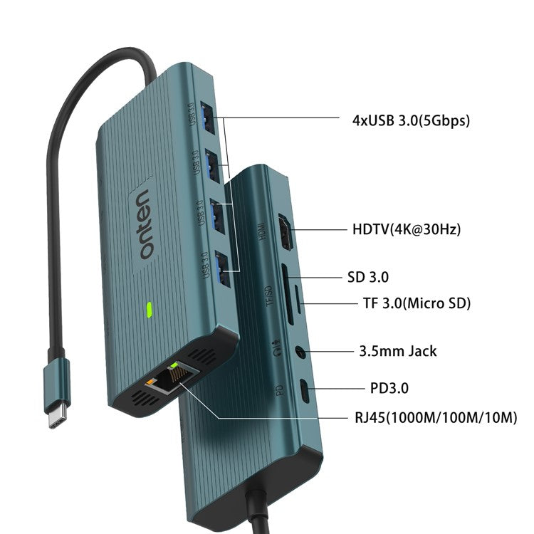 ONTEN UC962 10-in-1 Type-C to USB3.0*4+HD+SD+TF+Jack+PD 3.0+RJ45 USB Hub Docking Station