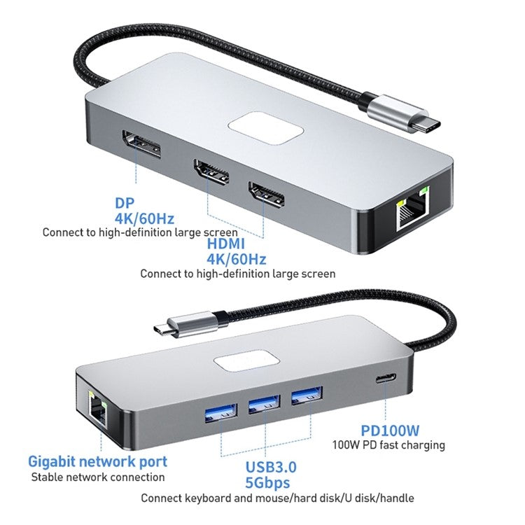 BYL-2401 8-In-1 USB-C to DisplayPort HD 4K Docking Station Adapter PD 100W Ethernet Connector