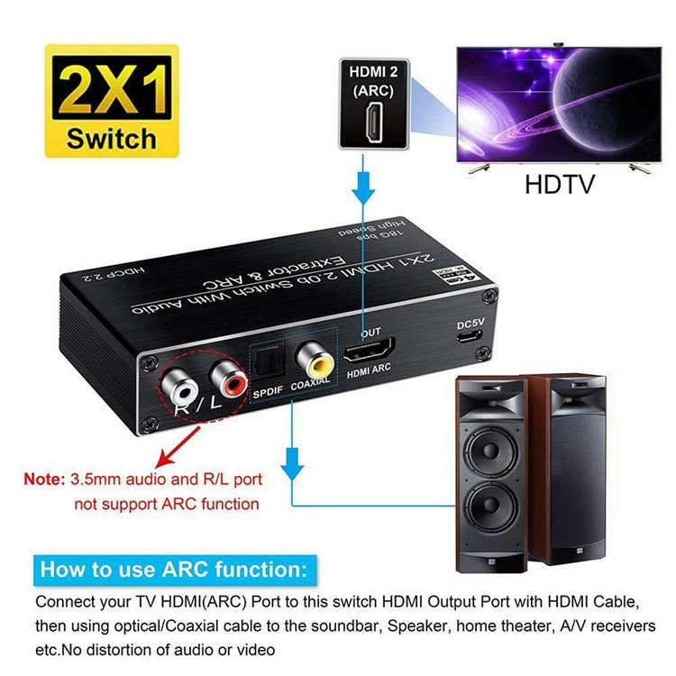 OZV2 HDMI Splitter 2 In 1 Out 4K 60HZ ARC HDCP2.2 HDMI 2.0 Converter Audio Extractor - EU Plug