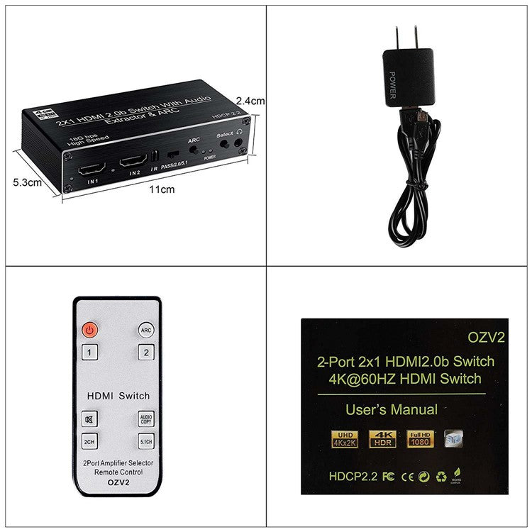 OZV2 HDMI Splitter 2 In 1 Out 4K 60HZ ARC HDCP2.2 HDMI 2.0 Converter Audio Extractor - US Plug