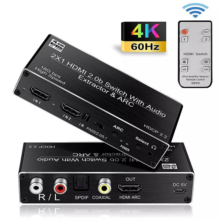OZV2 HDMI Splitter 2 In 1 Out 4K 60HZ ARC HDCP2.2 HDMI 2.0 Converter Audio Extractor - UK Plug