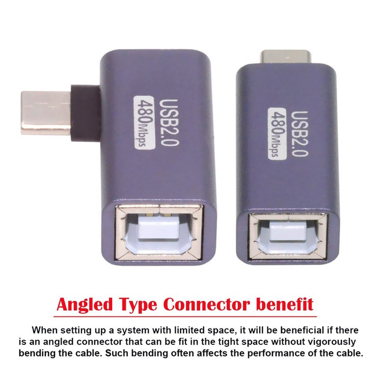 U2-010-CM 2Pcs / Set USB 2.0 B Type Female to Type-C Male Angled + Straight Extension Adapter for Printer Phone Disk