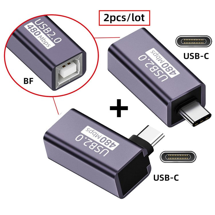U2-010-CM 2Pcs / Set USB 2.0 B Type Female to Type-C Male Angled + Straight Extension Adapter for Printer Phone Disk