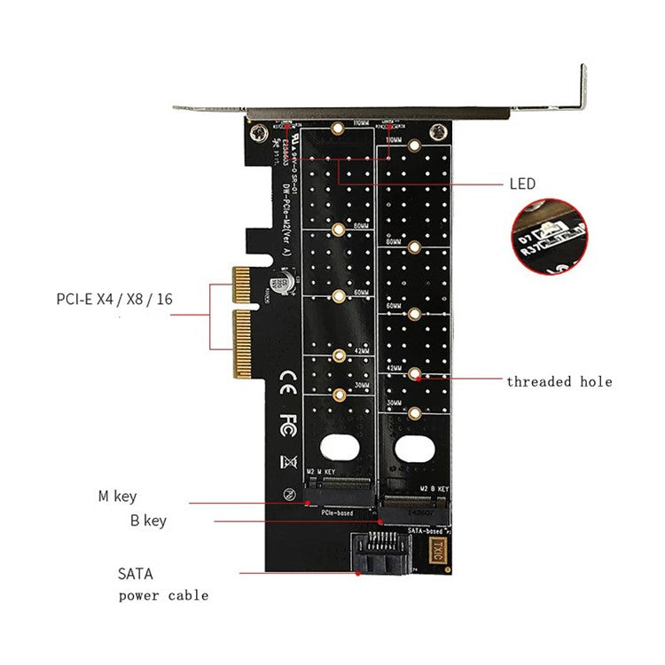 TXB044 110mm M Key + B Key Double Adapter Card Pcie to M.2 Nvme SSD NGFF Adapter Card