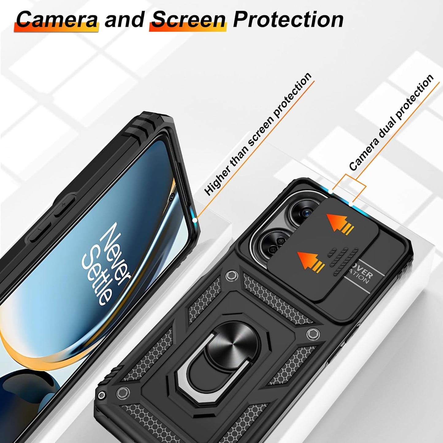 OnePlus Nord N30 5G Case with Slide Camera Cover & Screen Protector ,360° Rotating Ring Kickstand, Military Grade Protection, Black