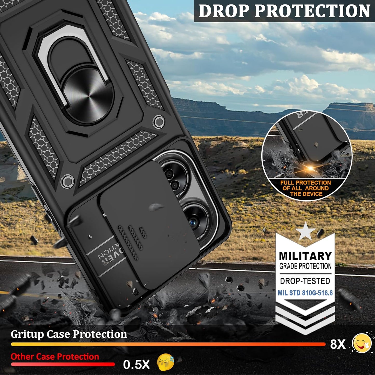 OnePlus Nord N30 5G Case with Slide Camera Cover & Screen Protector ,360° Rotating Ring Kickstand, Military Grade Protection, Black