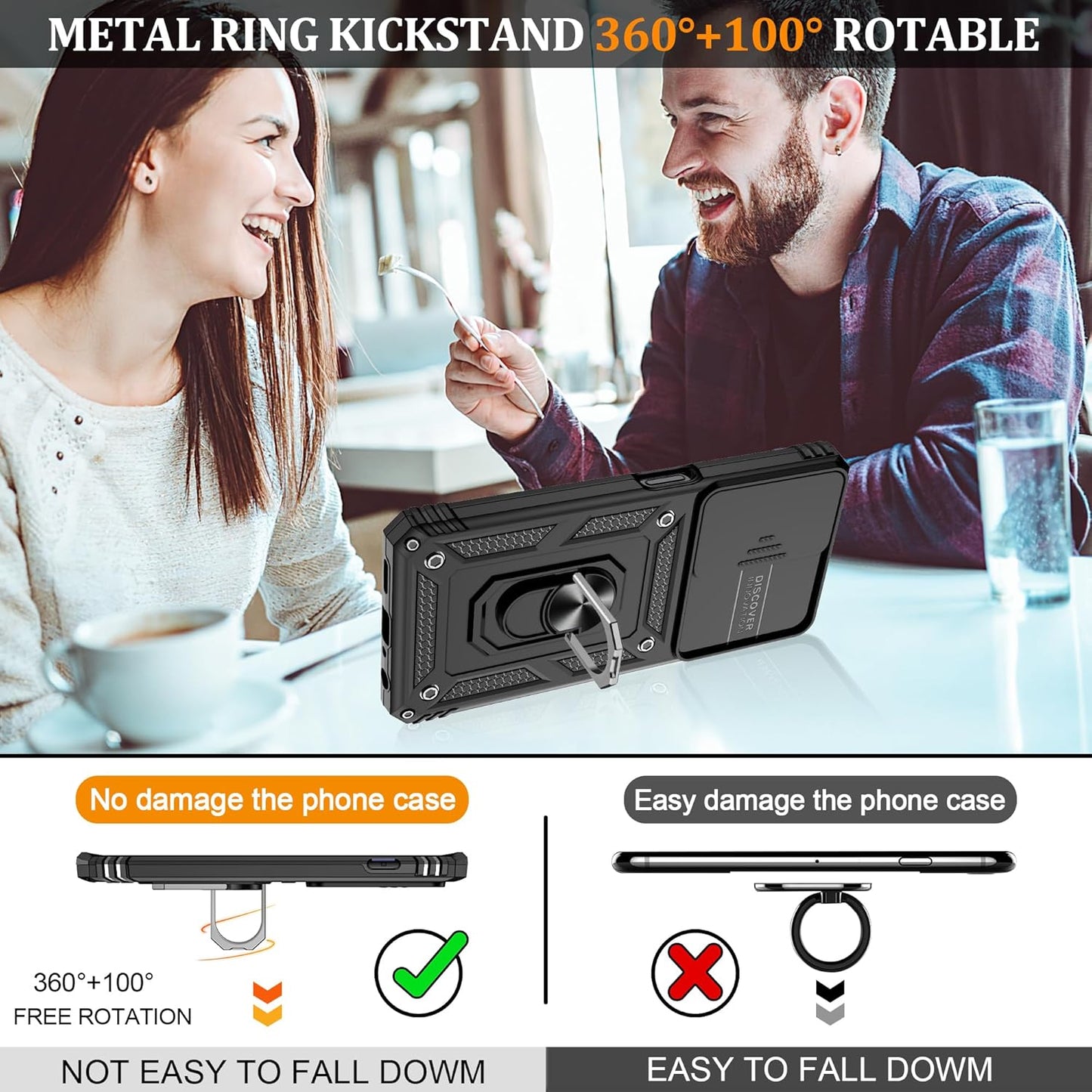 OnePlus Nord N30 5G Case with Slide Camera Cover & Screen Protector ,360° Rotating Ring Kickstand, Military Grade Protection, Black