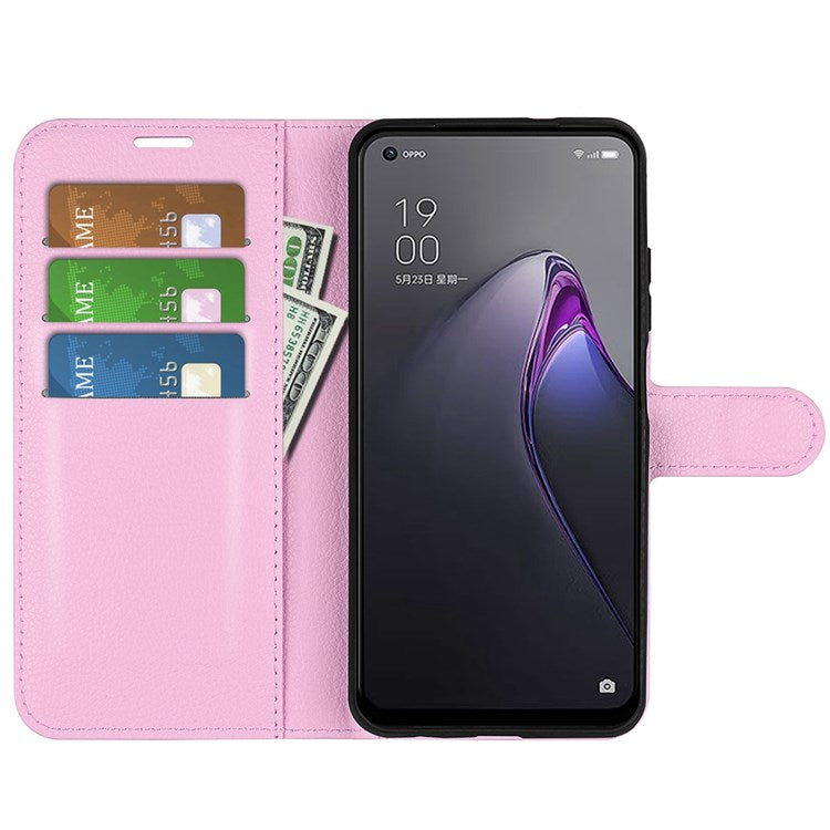 Litchi Texture Phone Case for Oppo Reno8 5G (Global Version) / Reno8 5G, Foldable Stand Anti-scratch PU Leather Wallet Case Shockproof Cell Phone Cover - Pink