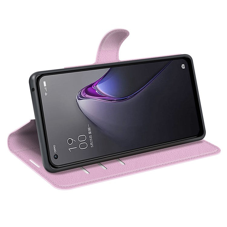 Litchi Texture Phone Case for Oppo Reno8 5G (Global Version) / Reno8 5G, Foldable Stand Anti-scratch PU Leather Wallet Case Shockproof Cell Phone Cover - Pink