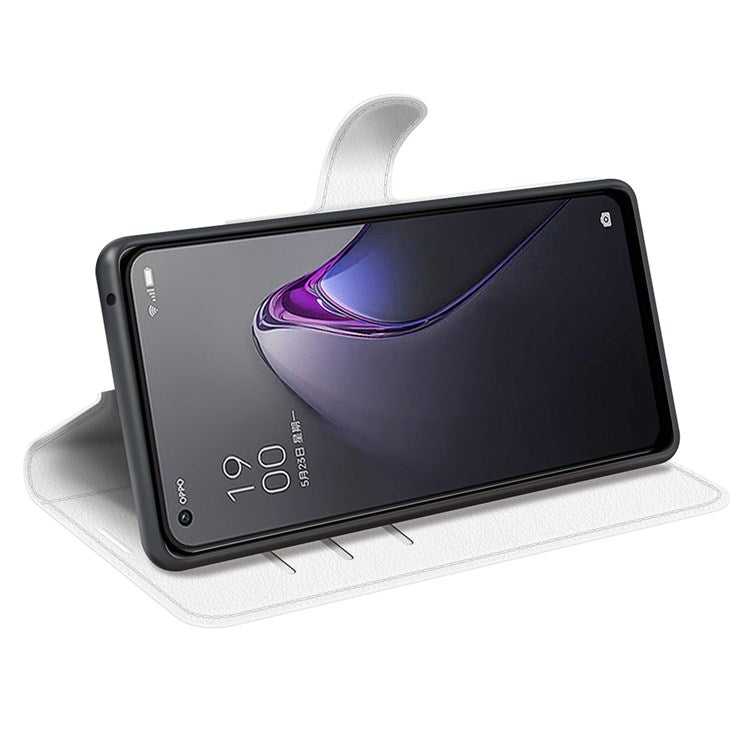 Litchi Texture Phone Case for Oppo Reno8 5G (Global Version) / Reno8 5G, Foldable Stand Anti-scratch PU Leather Wallet Case Shockproof Cell Phone Cover - White