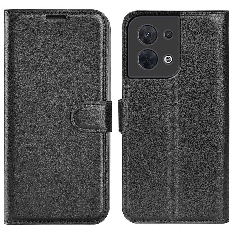 Litchi Texture Phone Case for Oppo Reno8 5G (Global Version) / Reno8 5G, Foldable Stand Anti-scratch PU Leather Wallet Case Shockproof Cell Phone Cover - Black