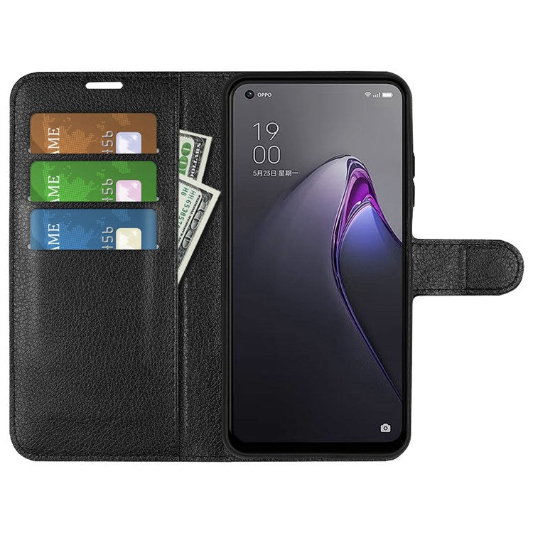 Litchi Texture Phone Case for Oppo Reno8 5G (Global Version) / Reno8 5G, Foldable Stand Anti-scratch PU Leather Wallet Case Shockproof Cell Phone Cover - Black