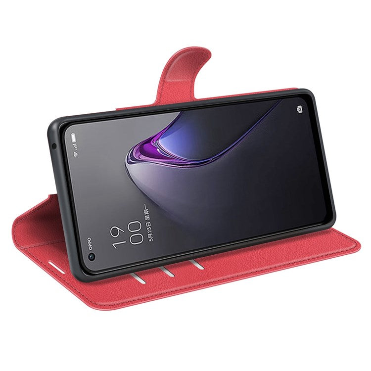 Litchi Texture Phone Case for Oppo Reno8 5G (Global Version) / Reno8 5G, Foldable Stand Anti-scratch PU Leather Wallet Case Shockproof Cell Phone Cover - Red