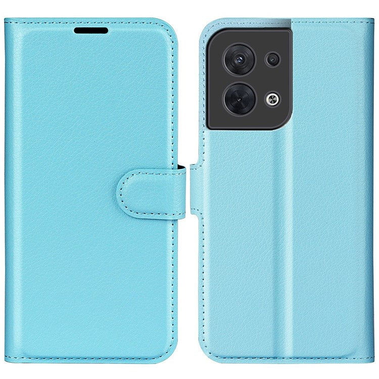 Litchi Texture Phone Case for Oppo Reno8 5G (Global Version) / Reno8 5G, Foldable Stand Anti-scratch PU Leather Wallet Case Shockproof Cell Phone Cover - Blue