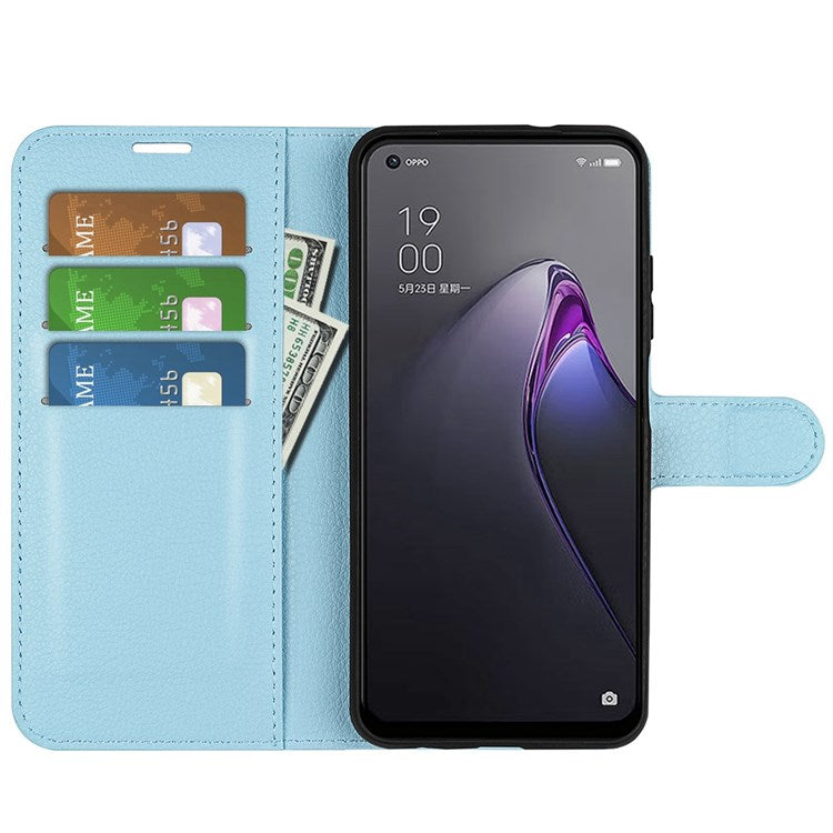 Litchi Texture Phone Case for Oppo Reno8 5G (Global Version) / Reno8 5G, Foldable Stand Anti-scratch PU Leather Wallet Case Shockproof Cell Phone Cover - Blue