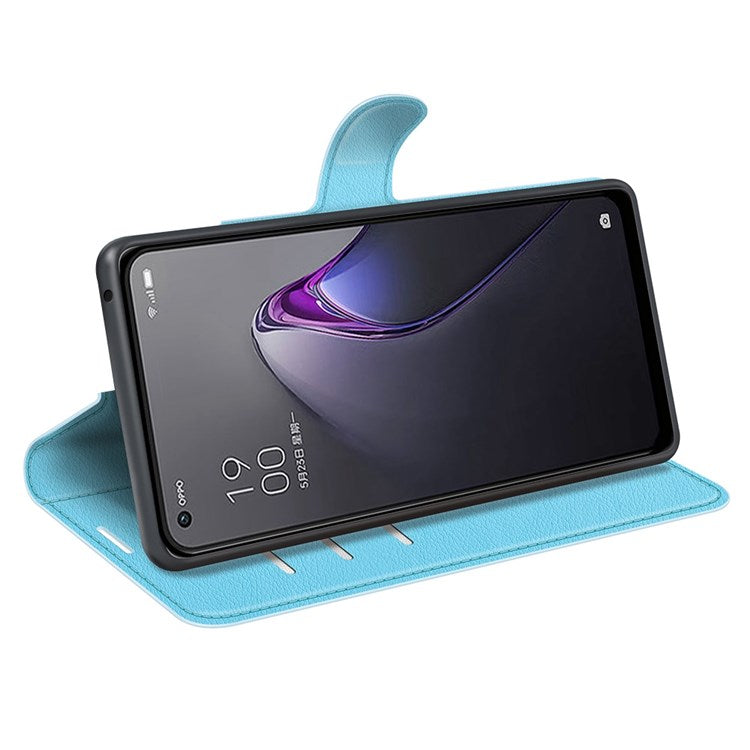Litchi Texture Phone Case for Oppo Reno8 5G (Global Version) / Reno8 5G, Foldable Stand Anti-scratch PU Leather Wallet Case Shockproof Cell Phone Cover - Blue