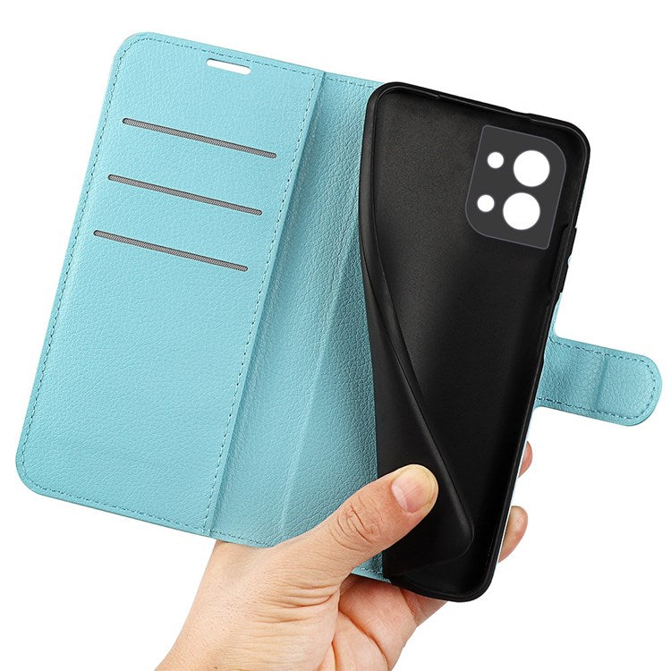 Litchi Texture Phone Case for Oppo Reno8 5G (Global Version) / Reno8 5G, Foldable Stand Anti-scratch PU Leather Wallet Case Shockproof Cell Phone Cover - Blue