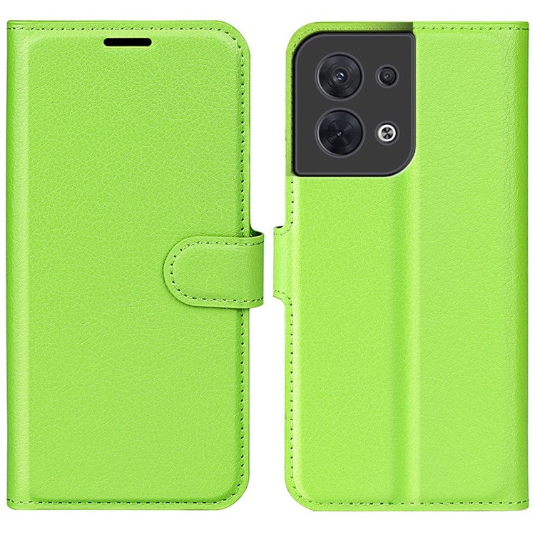Litchi Texture Phone Case for Oppo Reno8 5G (Global Version) / Reno8 5G, Foldable Stand Anti-scratch PU Leather Wallet Case Shockproof Cell Phone Cover - Green