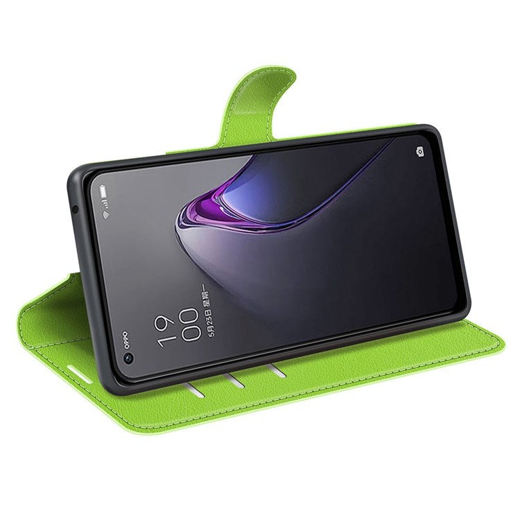 Litchi Texture Phone Case for Oppo Reno8 5G (Global Version) / Reno8 5G, Foldable Stand Anti-scratch PU Leather Wallet Case Shockproof Cell Phone Cover - Green