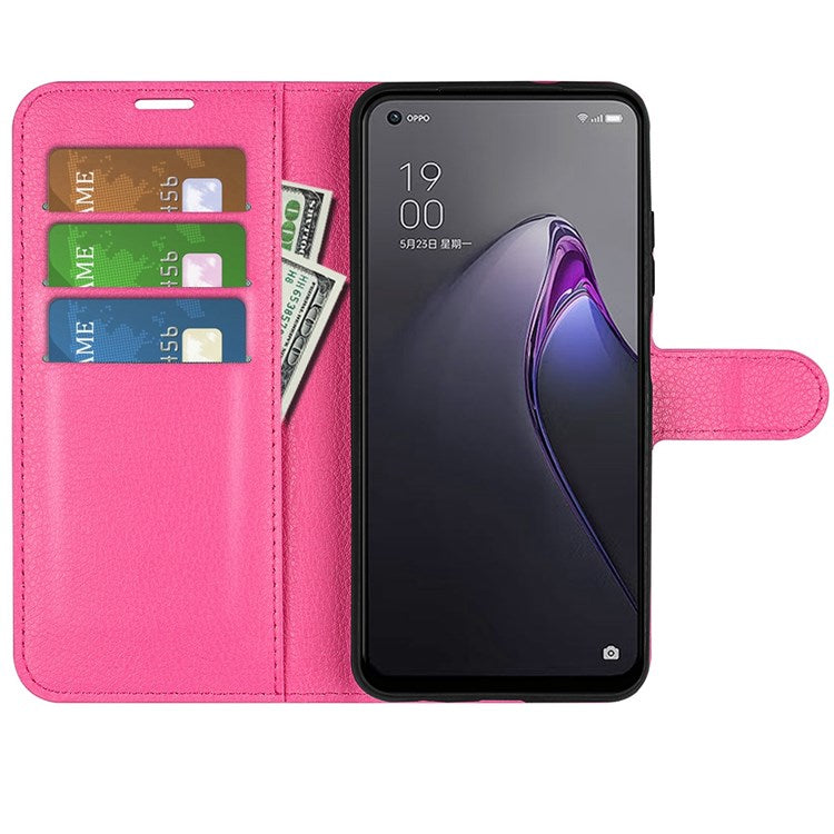 Litchi Texture Phone Case for Oppo Reno8 5G (Global Version) / Reno8 5G, Foldable Stand Anti-scratch PU Leather Wallet Case Shockproof Cell Phone Cover - Rose