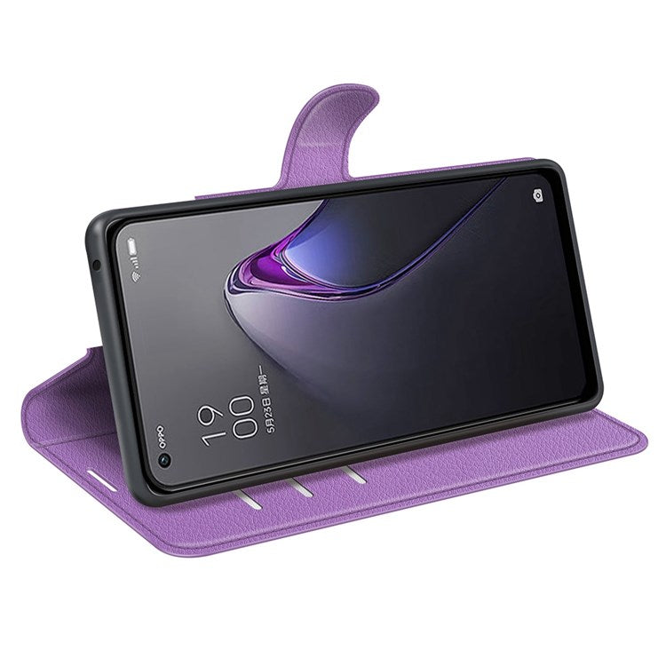Litchi Texture Phone Case for Oppo Reno8 5G (Global Version) / Reno8 5G, Foldable Stand Anti-scratch PU Leather Wallet Case Shockproof Cell Phone Cover - Purple