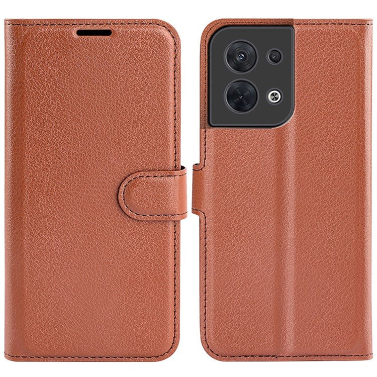 Litchi Texture Phone Case for Oppo Reno8 5G (Global Version) / Reno8 5G, Foldable Stand Anti-scratch PU Leather Wallet Case Shockproof Cell Phone Cover - Brown