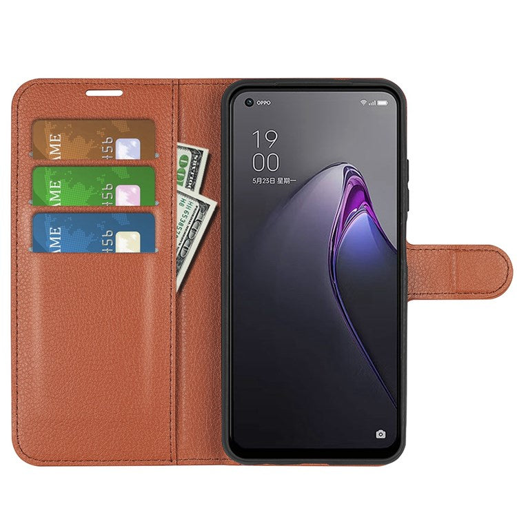 Litchi Texture Phone Case for Oppo Reno8 5G (Global Version) / Reno8 5G, Foldable Stand Anti-scratch PU Leather Wallet Case Shockproof Cell Phone Cover - Brown