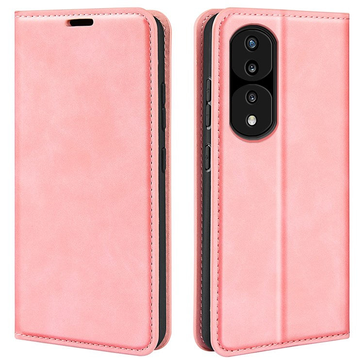 For Honor 70 5G Skin-touch Feeling PU Leather Case Magnetic Auto-absorbed Stand Shockproof TPU Flip Wallet Protective Cover - Pink
