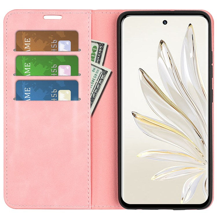 For Honor 70 5G Skin-touch Feeling PU Leather Case Magnetic Auto-absorbed Stand Shockproof TPU Flip Wallet Protective Cover - Pink