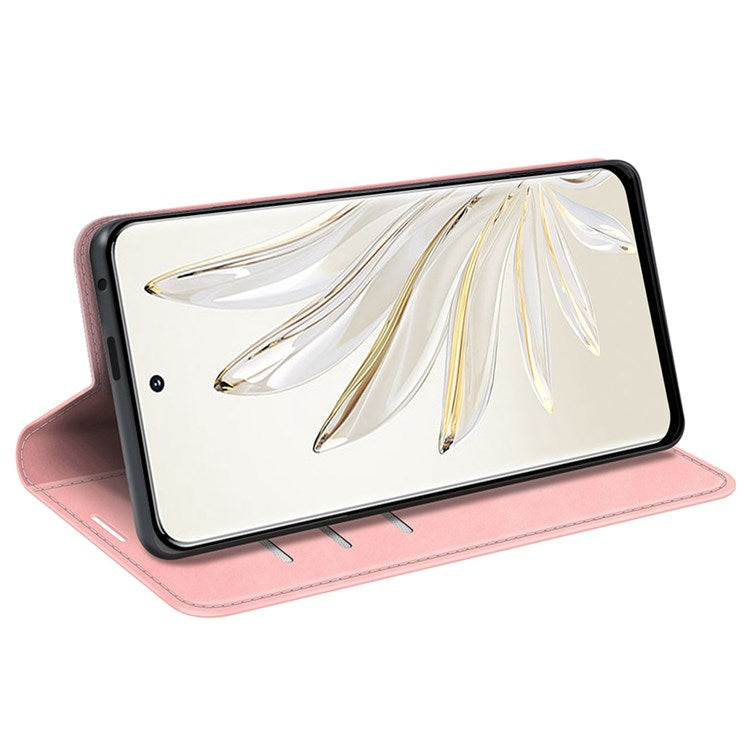For Honor 70 5G Skin-touch Feeling PU Leather Case Magnetic Auto-absorbed Stand Shockproof TPU Flip Wallet Protective Cover - Pink