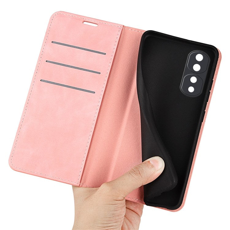 For Honor 70 5G Skin-touch Feeling PU Leather Case Magnetic Auto-absorbed Stand Shockproof TPU Flip Wallet Protective Cover - Pink