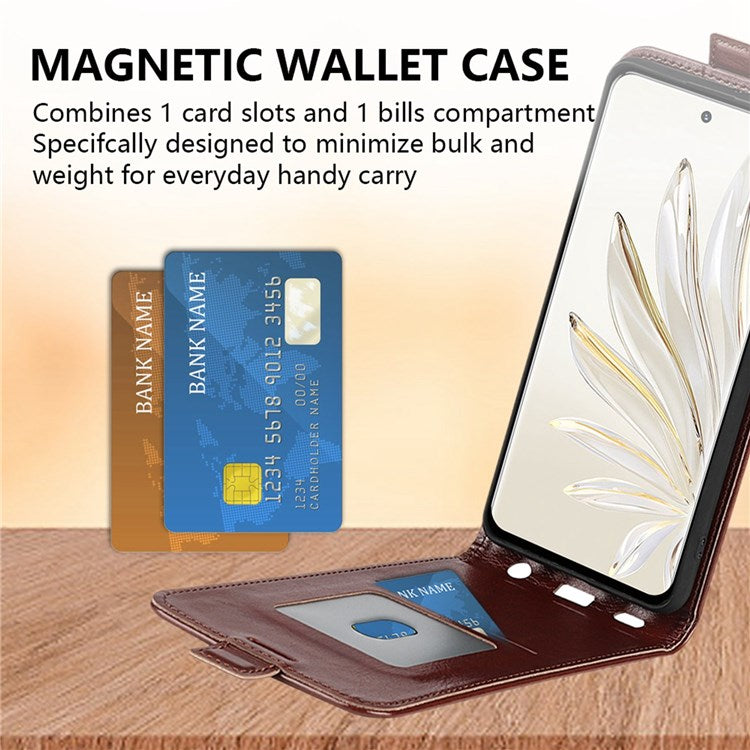 For Honor 70 5G Vertical Flip Phone Case Crazy Horse Texture PU Leather Protective Cover with Card Slot - Brown